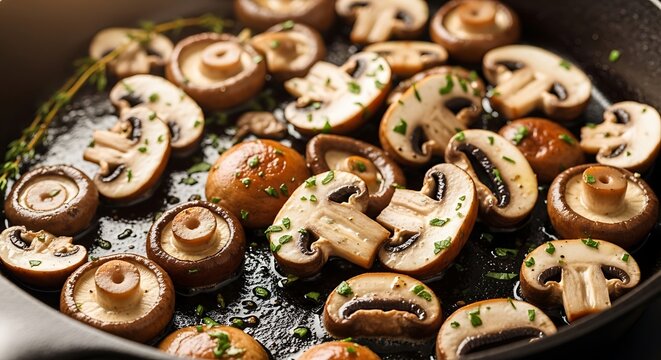 Close-up of mushrooms saut&eacute;ed in butter in a frying pan, glossy texture with rich golden tones, sizzling detail, gourmet cooking concept, appetizing food background.