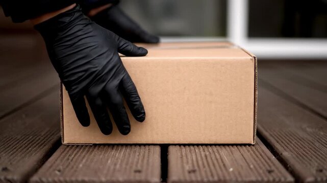 Courier wearing protective black gloves delivering a cardboard package on a wooden porch. Secure contactless shipping service for home parcel drop off concept.
