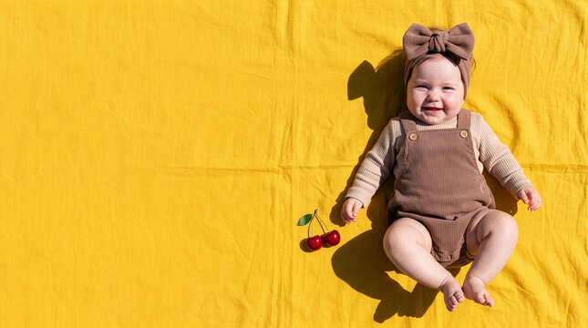 Baby girl in brown overalls lying on yellow blanket with two red cherries