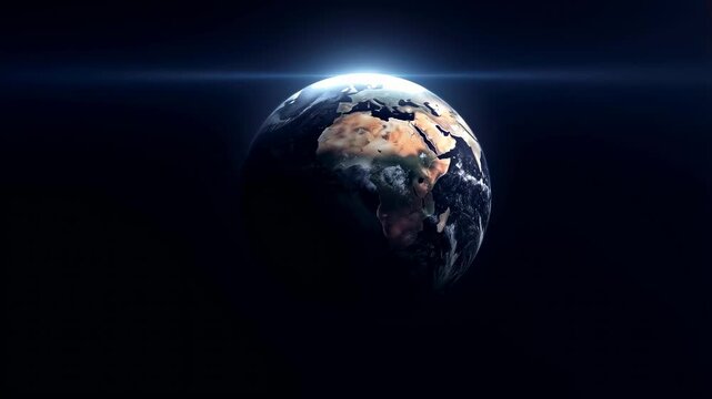 Rotating Earth in space with glowing atmosphere. A stunning view of our planet highlighting its beauty and fragility in the vast universe