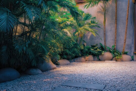 暖かい光の中で植物や石のある静かな空間