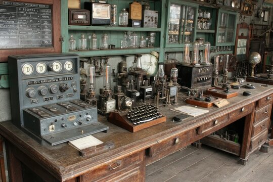 Vintage laboratory with antique electronics and glassware