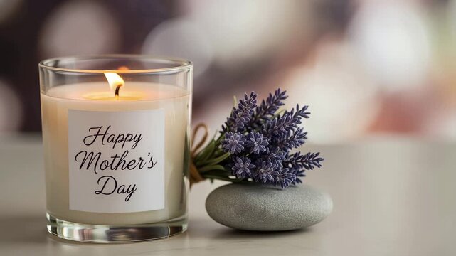 Burning candle with label Happy Mothers Day and lavender flowers on stone. Spa atmosphere for relaxation and zen. Aromatherapy concept for spring celebration and home decor gift.