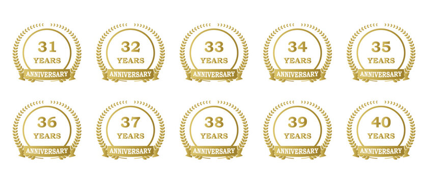 set of golden anniversary icon, 31, 32, 33, 34, 35, 36, 37, 38, 39, 40 years anniversary icon with laurel wreath design, vector illustration.
