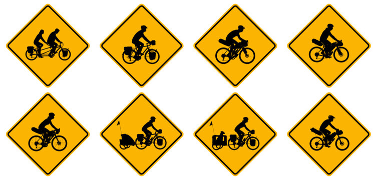 Set mit amerikanischen Warnschildern f&uuml;r Bikepacker und Radreisende auf Fahrr&auml;dern in gelber Rautenform