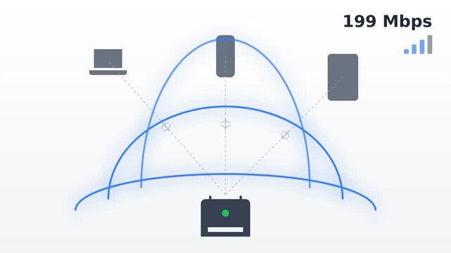 Illustration showing a network connection between devices with a speed of 185 Mbps and signal strength