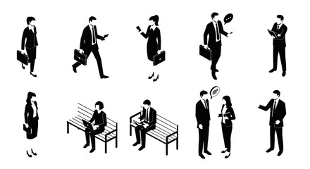 Fototapeta premium business people in isometric view with briefcases and phones black and white