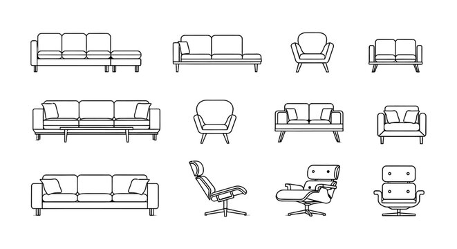 modern furniture icons for interior design and architectural floor plans showcasing various sofa armchair and sectional layouts.