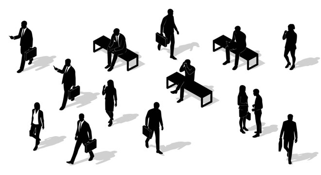isometric business people silhouettes vector set showing a crowd of professionals walking and sitting on benches.
