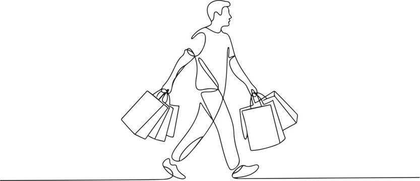 Young man carrying shopping bags in continuous one line drawing. Man holding paper bags for fashion and shopping concept line draw. one line art icon drawing vector