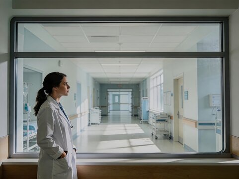 Thoughtful female doctor standing with hands in pockets while looking through window at hospital corridor