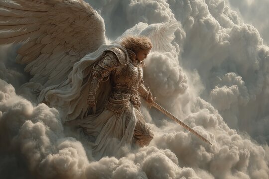 Serene Angel in Cloudy Skies Holding Sword