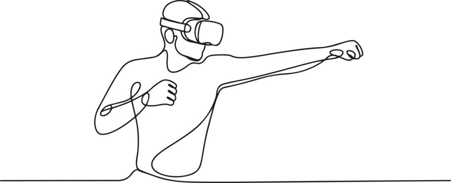 Continuous one line drawing of guy using virtual reality headset and playing boxing, fighting, action game. one line art icon drawing vector