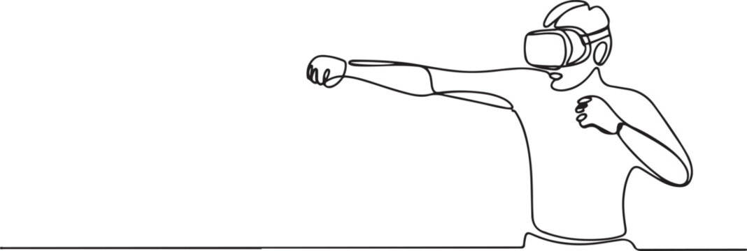 Continuous one line drawing of guy using virtual reality headset and playing boxing, fighting, action game. one line art icon drawing vector