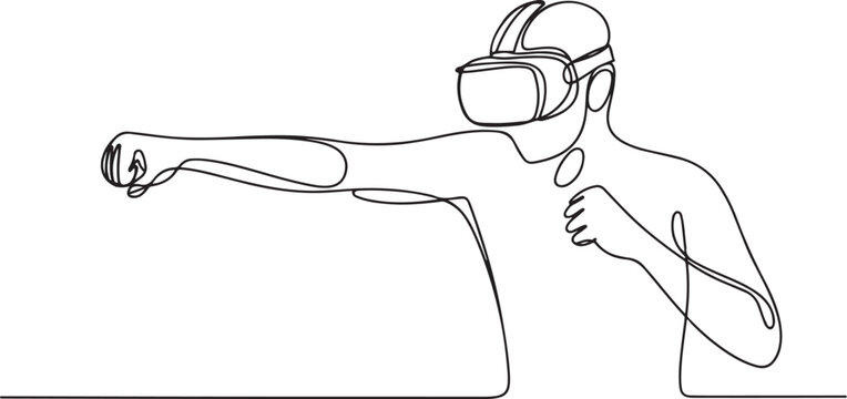 Continuous one line drawing of guy using virtual reality headset and playing boxing, fighting, action game. one line art icon drawing vector