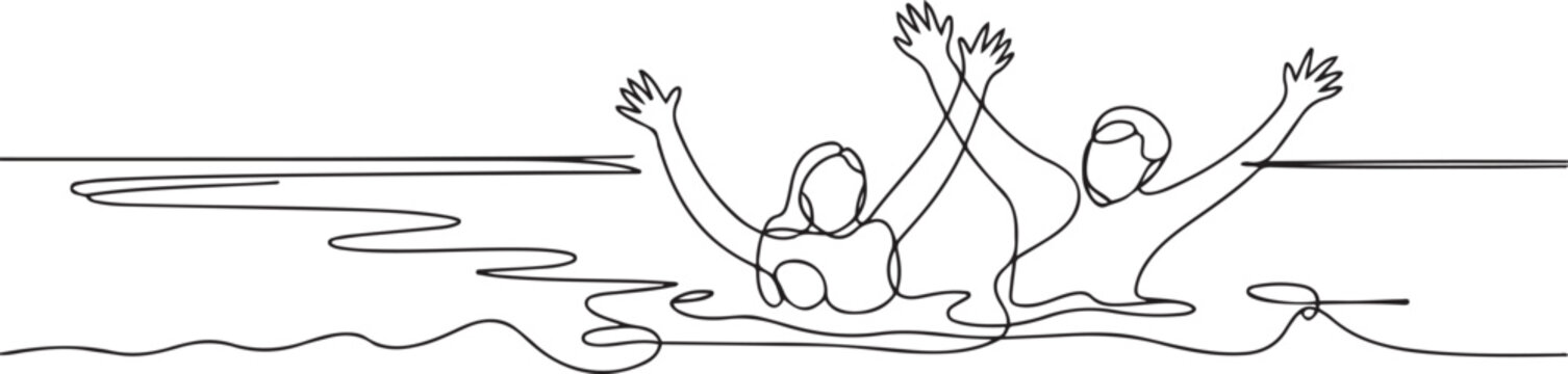 Continuous Line Drawing People Drowning on the Beach. Summer Icon. Asking for help. one line art icon drawing vector