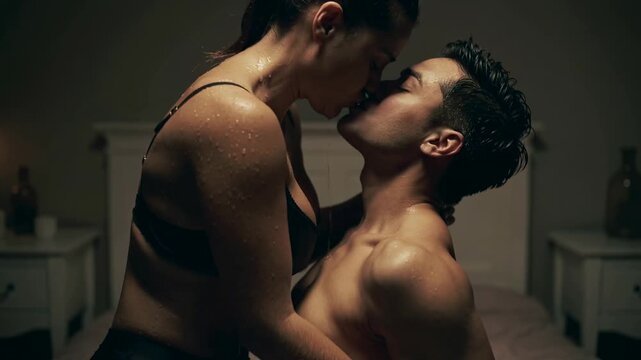 Young couple kissing in bedroom with wet skin and black lingerie, medium shot, shallow depth of field
