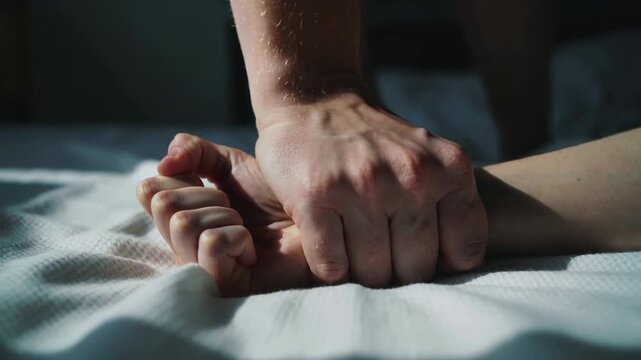 Hand holding wrist on white bed sheet, extreme close up, indoor, daylight, shallow depth of field