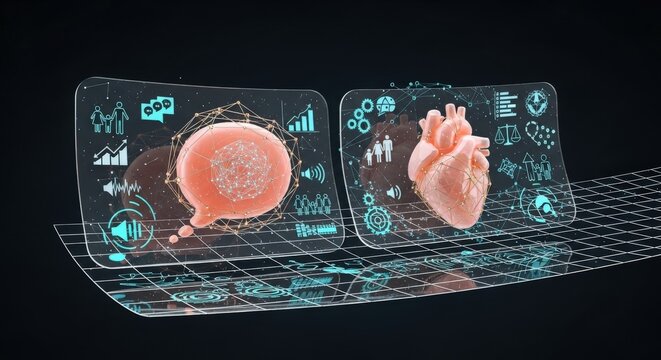 Conceptual Futuristic D2C Logistics Ecosystem with Peach Speech Bubble and Heart Icons on a Digital Data Grid
