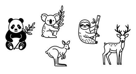 Fototapeta premium Black and white cartoon illustrations of various animals isolated on white