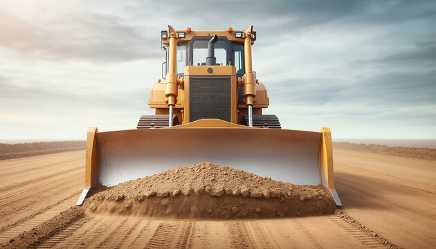Heavy yellow bulldozer pushing dirt on a construction site.