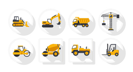 Fototapeta premium Construction equipment icons set bulldozer excavator dump truck crane