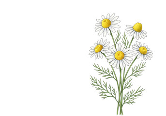 Fototapeta premium A delicate botanical watercolor illustration of fresh chamomile flowers with white petals and vibrant yellow centers, arranged on elegant green stems against a transparent background, showcasing a
