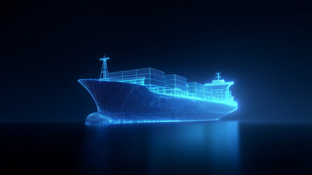 Glowing blue wireframe container ship on dark background, futuristic maritime logistics blueprint concept, digital freight vessel model, global shipping technology, cargo transport
