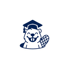 A charming vector logo on a white background, featuring a happy, smiling beaver with a textured tail, peeking out of a hole and wearing a graduation cap © Yayagisawa