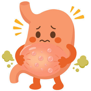 Cartoon Illustration of Bloated Stomach Character with Gas and Indigestion (Digestive Problem)