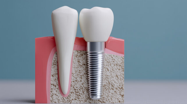 Human tooth implant with dental crown and titanium screw in jawbone, modern dentistry and oral surgery concept, prosthetics, implantology, healthcare technology, anatomical medical
