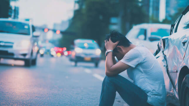 Stressed driver sitting at roadside after traffic accident, emotional distress scene with damaged car, worried person holding head, realistic urban roadside emergency situation wit