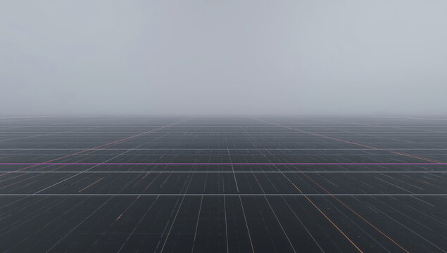 Digital minimal landscape with grid plane and soft foggy horizon conveying calm mood