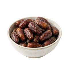 Obraz premium A close-up of a rustic bowl filled with ripe, glistening dates. The dried fruit has a rich brown color and natural texture, presented on a transparent background for versatile use.
