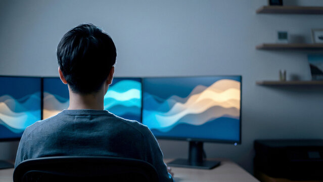 Engineer Silhouette Watching Dual Monitors at Night