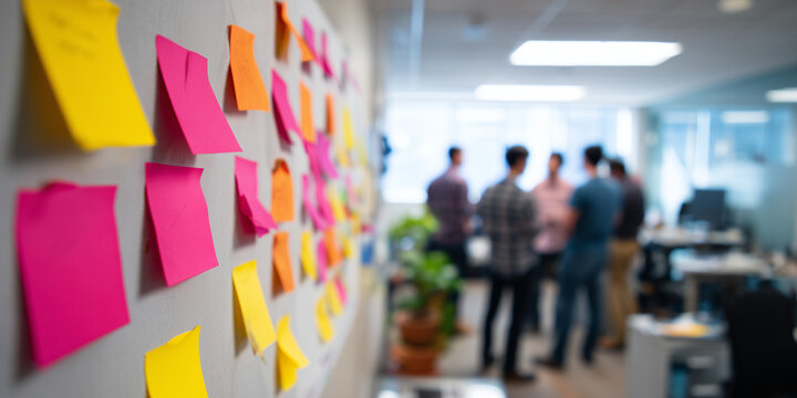 Office wall with sticky notes while a team discusses plans, symbolizing agile collaboration and project coordination