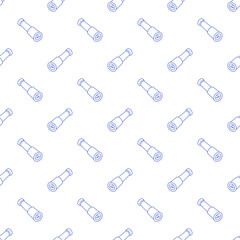Seamless pattern with telescopes in blue line style on white background. Outline nautical print.