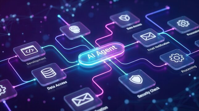 Artificial intelligence agent dashboard featuring data tool nodes and coding process flow.