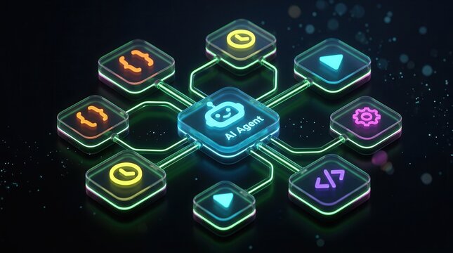 Artificial intelligence workflow automation process showing data tool dashboard and coding icons.