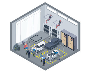 Fototapeta na wymiar An isometric depiction of a busy auto workshop with people and vehicles, shown on a clean indoor background, representing service, teamwork, and maintenance. Hand-drawn vector illustration