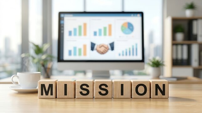 Business mission statement concept with wooden blocks and a computer displaying data.