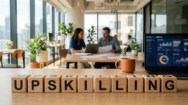 Employee learning and talent development concept featuring upskilling blocks in a modern office.
