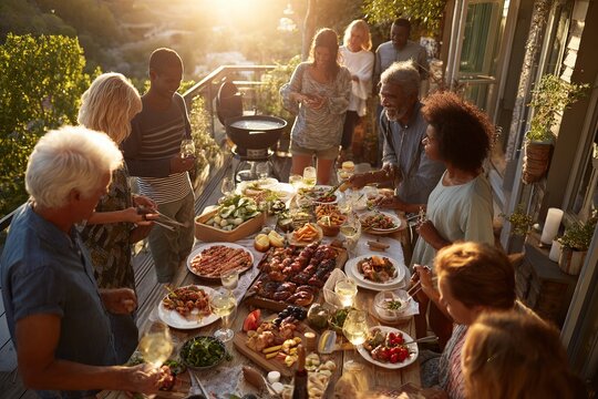 Joyful family bbq gathering featuring a variety of delicious foods on a sunny balcony