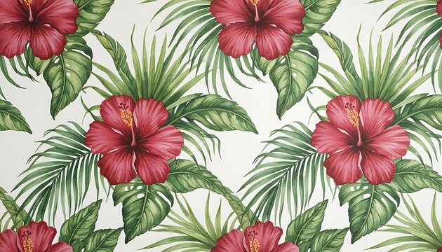 Vibrant Hibiscus Flowers Amid Tropical Greenery Pattern