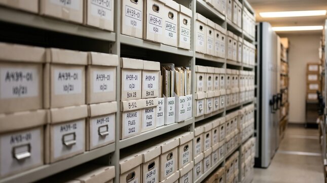 Modern compact shelving densely packed with labeled boxes selective focus on midshelf files blurred edges highlighting storage efficiency.