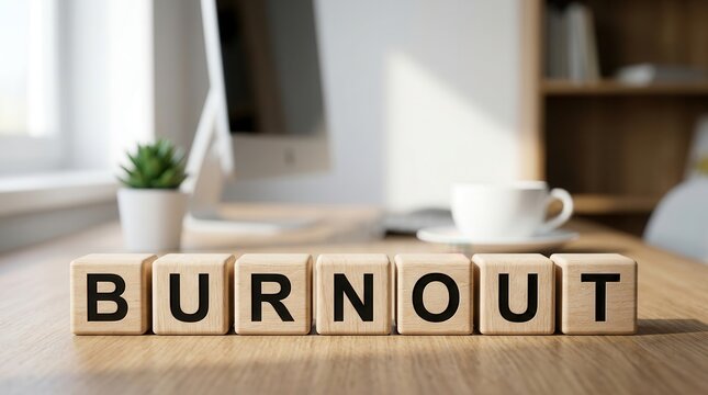 Extreme work stress indicators represented by BURNOUT blocks in a home office setting.