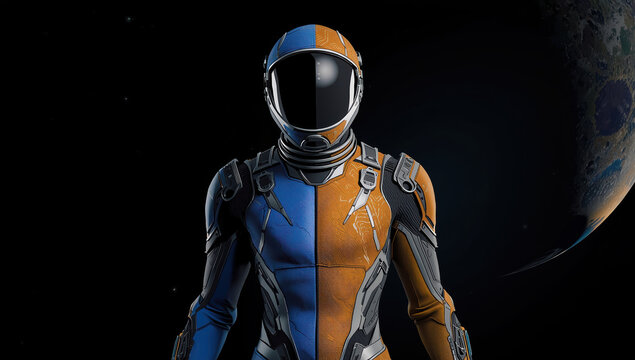 Futuristic blue and orange space suit with planet backdrop, heroic and detailed