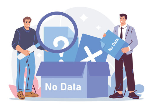 Two people examining empty files and symbols in a clean cartoon style on a light abstract background, presenting a concept of missing information. Hand-drawn vector illustration
