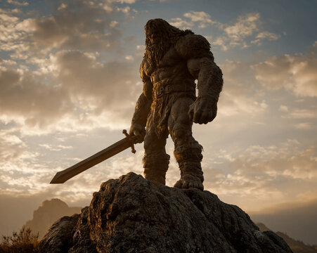 Epic portrayal of a colossal biblical giant, a primitive warrior with long hair and fur, standing on a mountain peak during golden hour