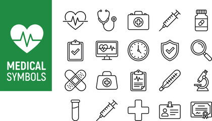 Collection of various medical symbols and icons in line art style © jannat Stock